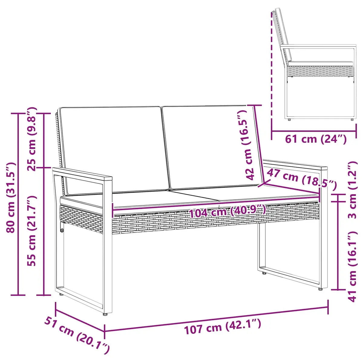 Outdoor Bench Poly Rattan Grey Durable Weather-Resistant Seating