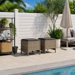 Stylish Grey Rattan Garden Footstool 2 Piece Set