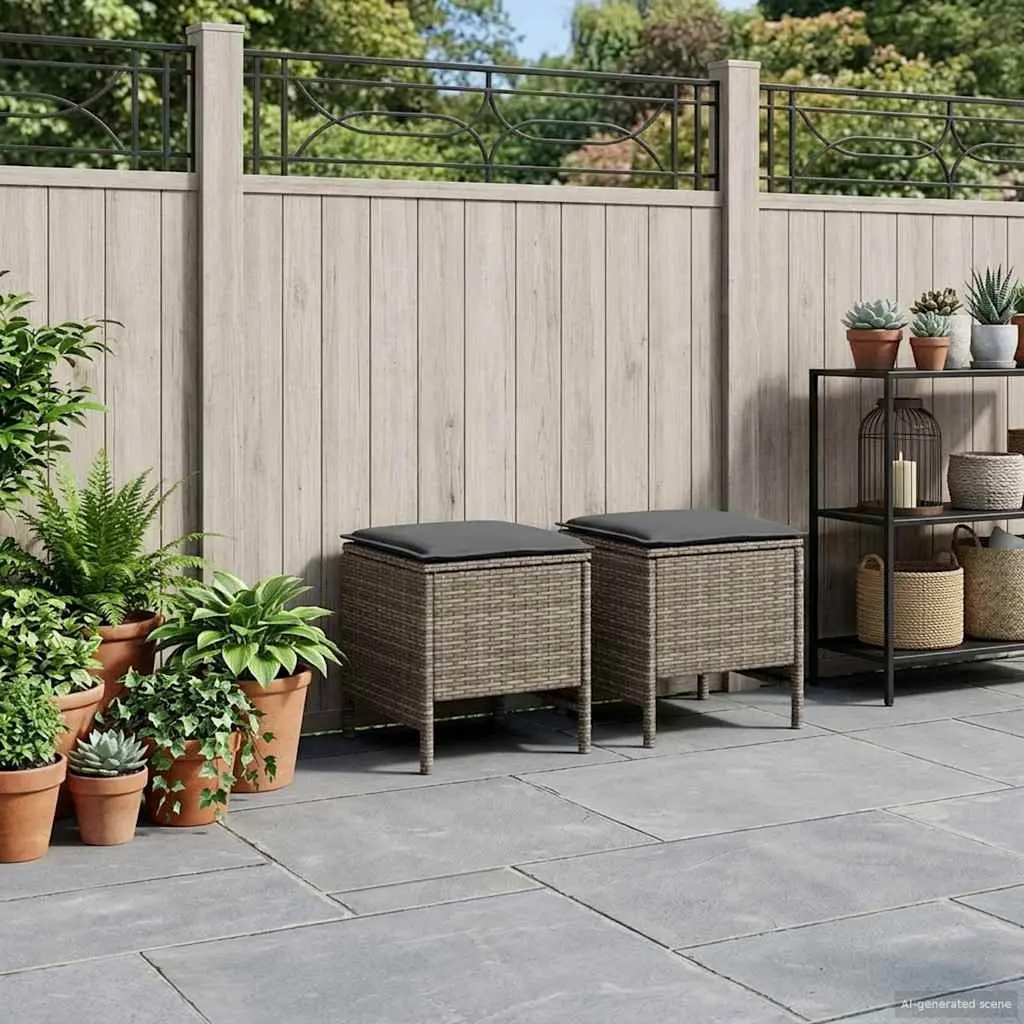 Grey Rattan Garden Footstool 2 Piece Set
