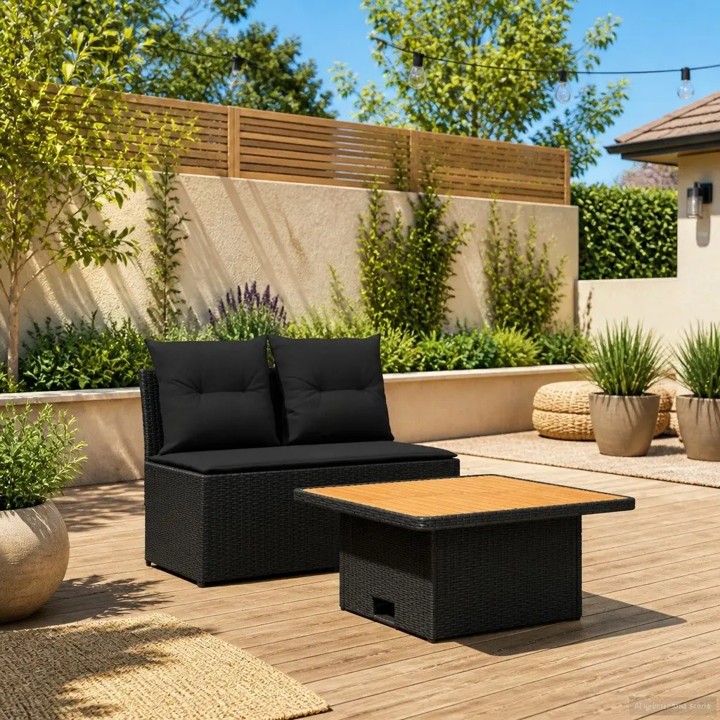 Outdoor Middle Sofa with Lift-Up Table in Black