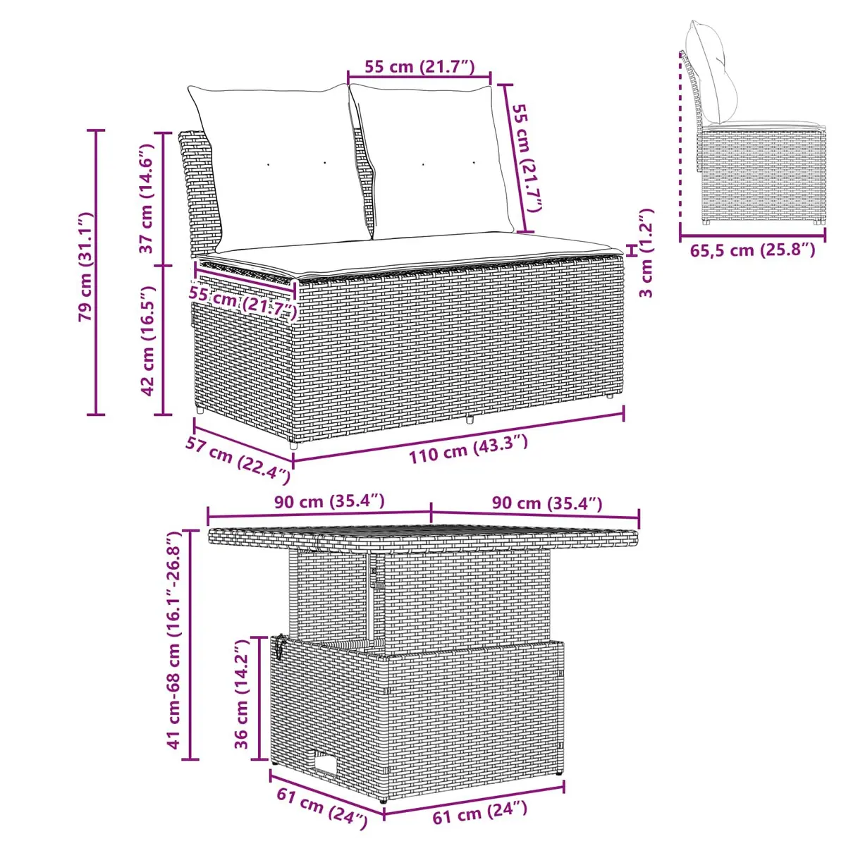 Outdoor Middle Sofa Sectional with Lift-up Table