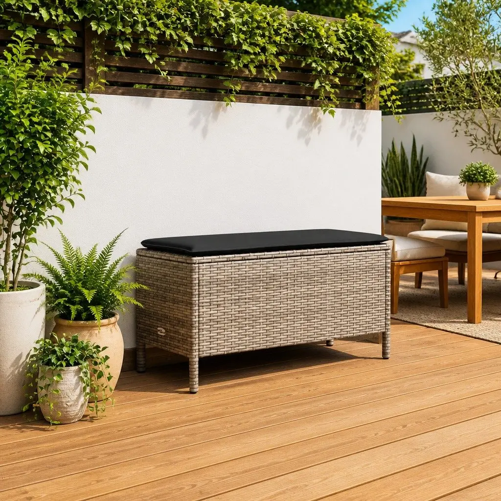 Footstool Poly Rattan 80 x 38 x 45 cm Grey Outdoor Indoor Seating with Removable Cushion