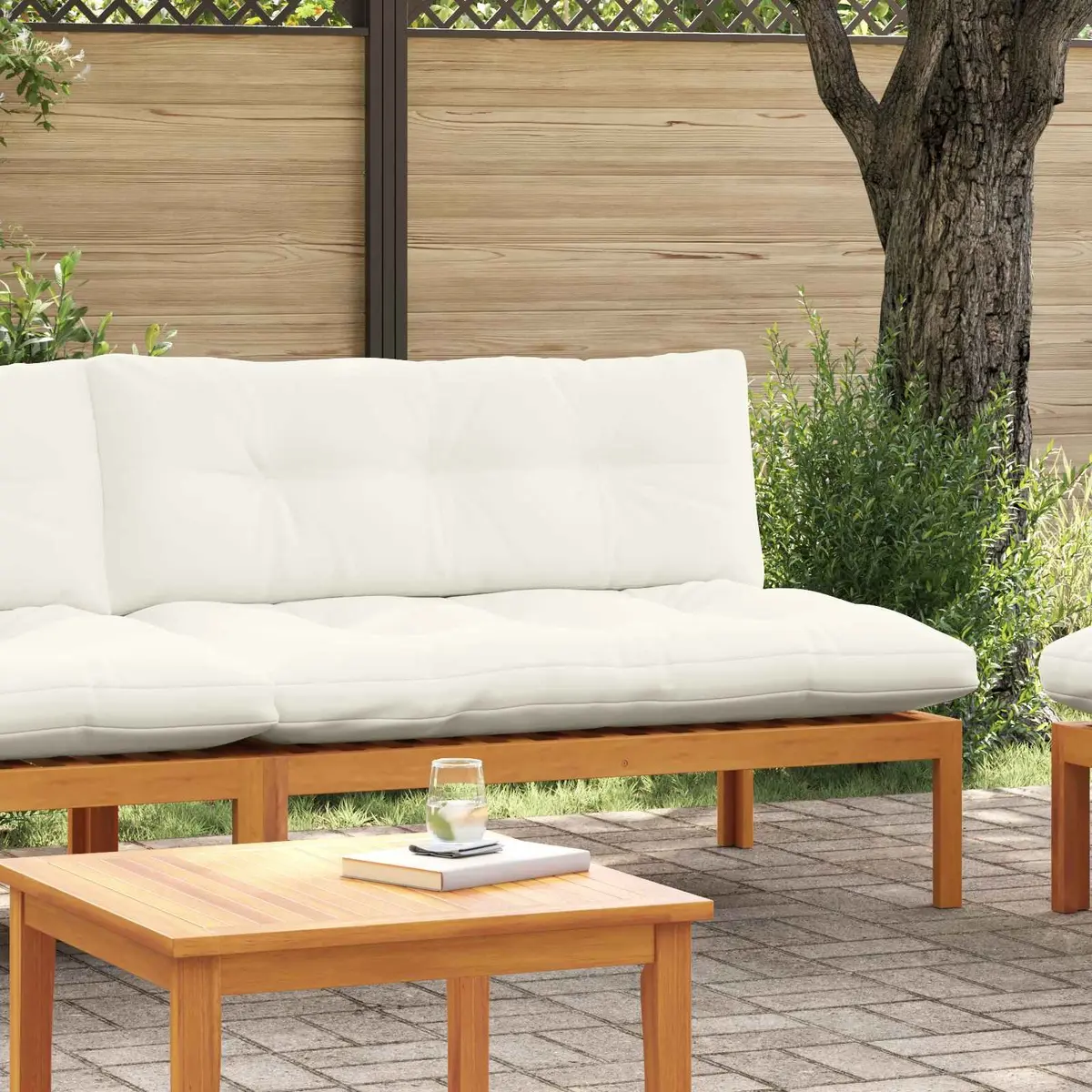 Outdoor Sectional Sofa Middle Unit Garden Acacia Wood Natural Cream White