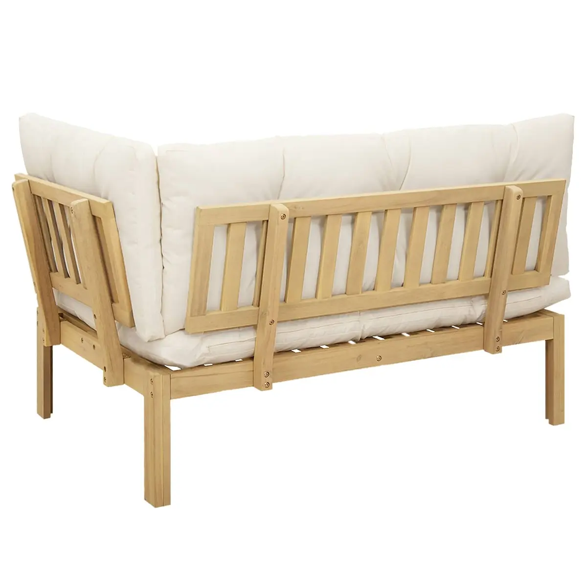 Corner Sofa Unit Acacia Wood Outdoor Sectional Seating Light Acacia and Cream White