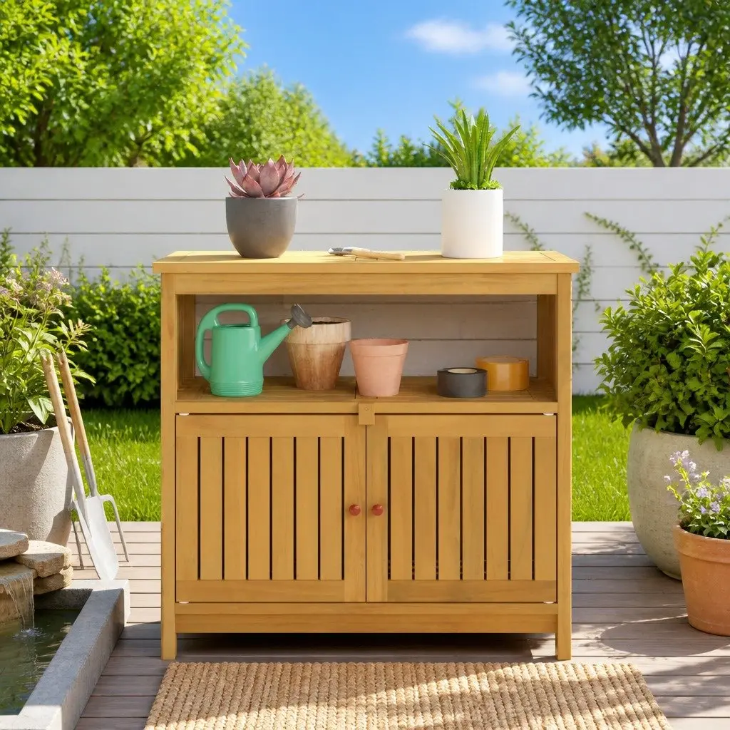 Light Acacia Garden Console Table with Storage Shelves
