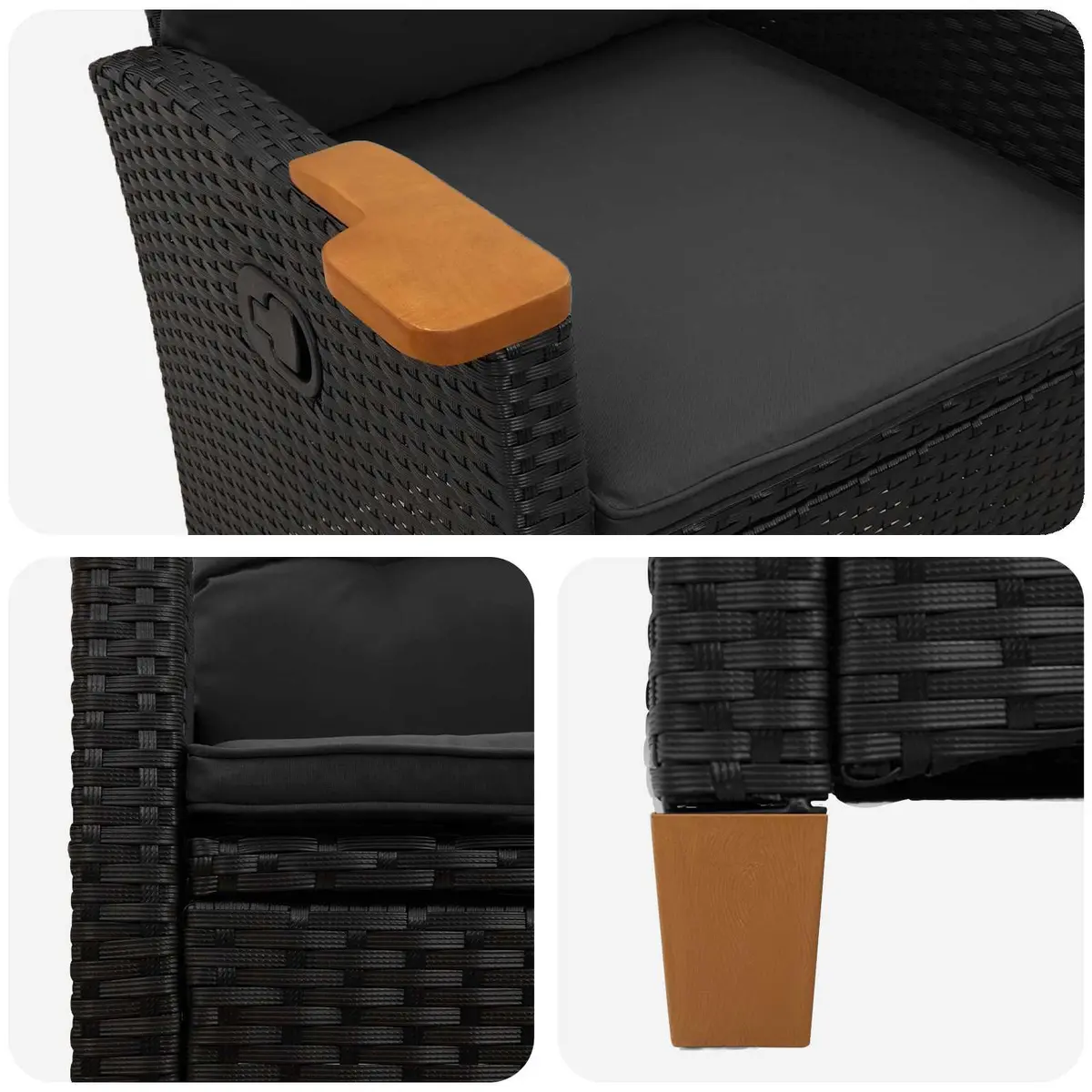 Outdoor Reclining Chair with Integrated Tea Table Black Garden Lounge Seat