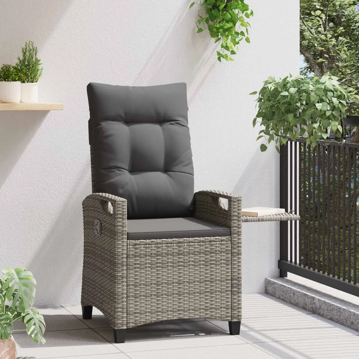 Reclining Garden Chair Poly Rattan Steel Adjustable Backrest Fold-Out Table Grey