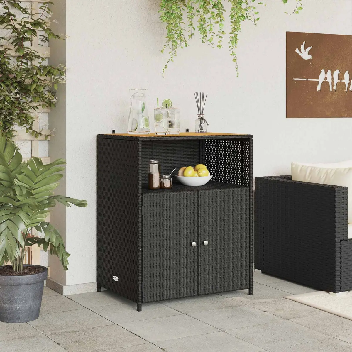 Storage Cabinet Acacia Wood Poly Rattan 70x50x87cm Black Indoor Outdoor Shelving