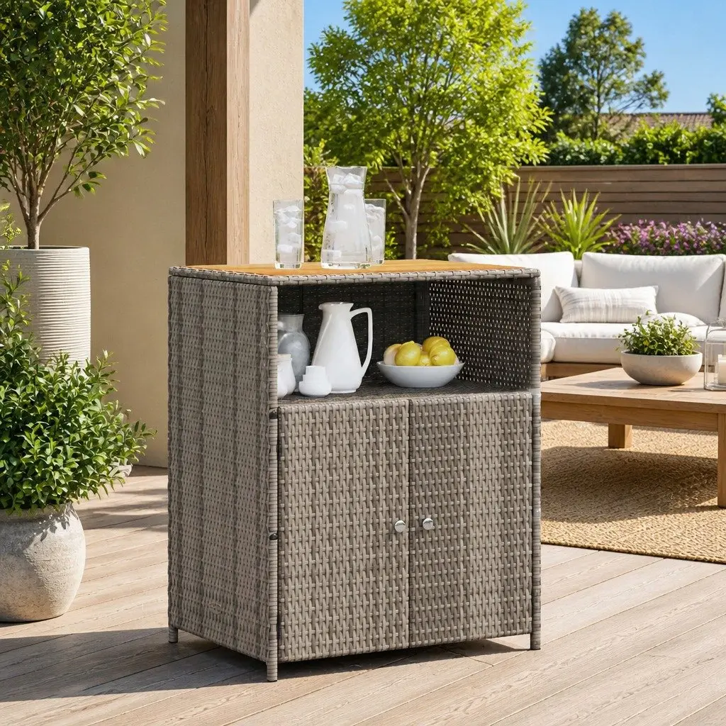 Grey Storage Cabinet with Acacia Wood Top