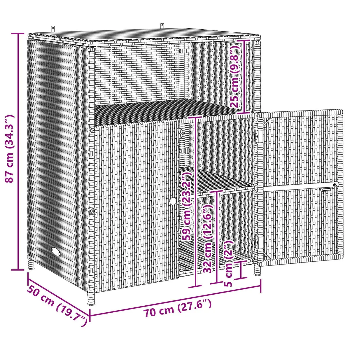 Storage Cabinet Acacia Wood Grey 70x50x87cm Poly Rattan Doors Powder Coated Steel Frame