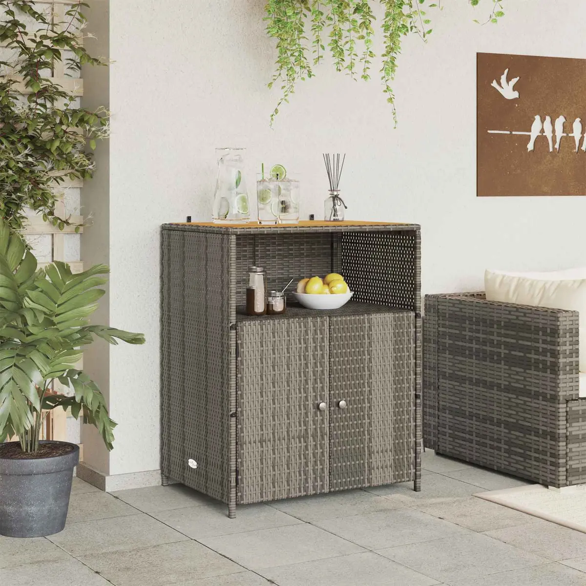 Storage Cabinet Acacia Wood Grey 70x50x87cm Poly Rattan Doors Powder Coated Steel Frame