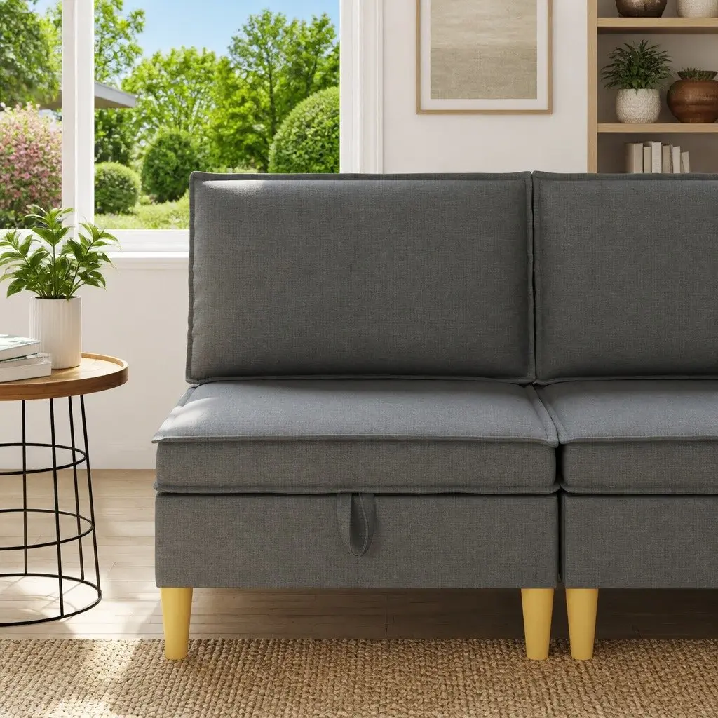 Storage Ottoman Fabric Footstool Dark Grey Square Seat with Hidden Storage