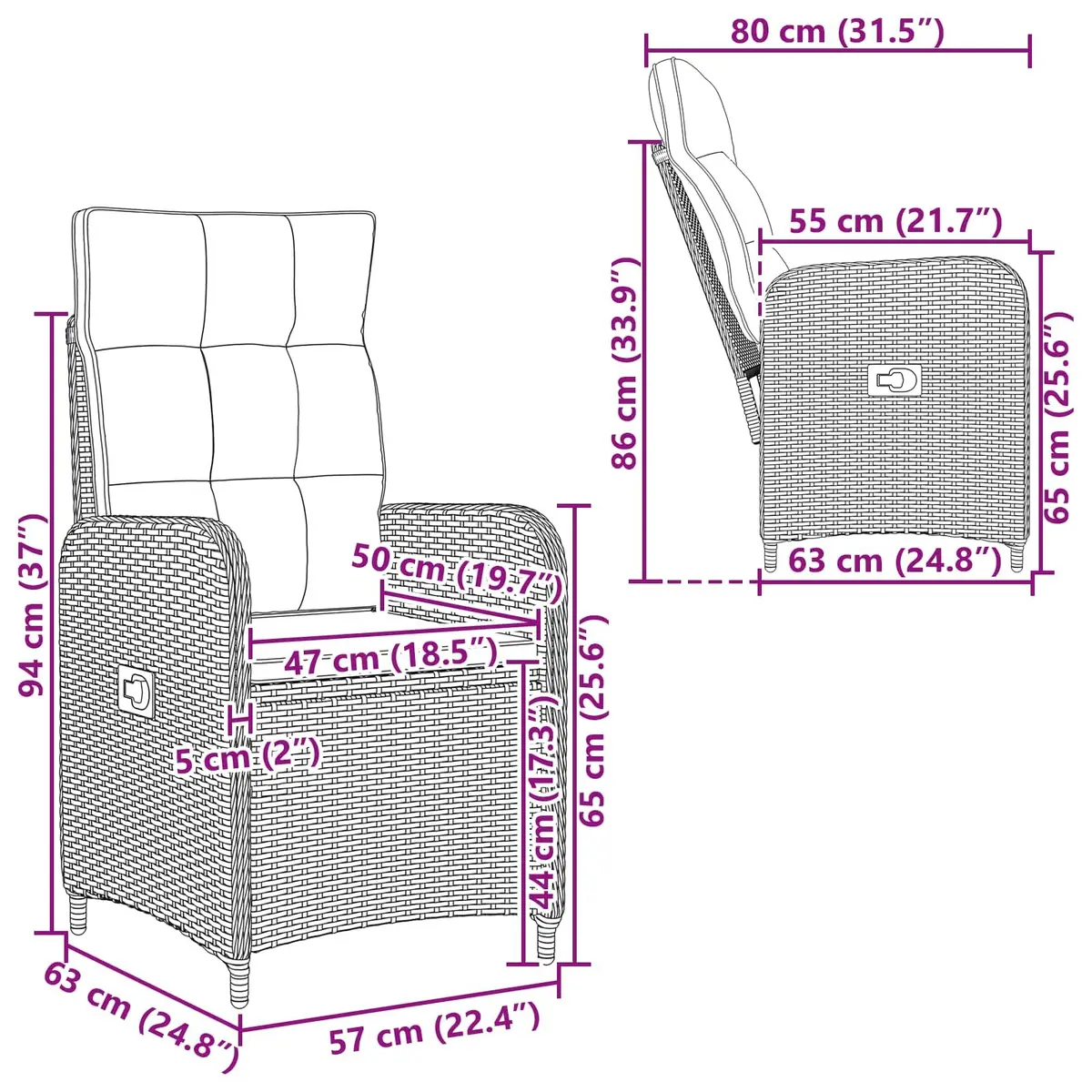 Grey Reclining Outdoor Chair with Adjustable Backrest