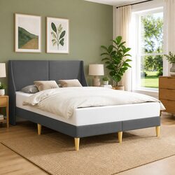 Bed Frame with Dark Grey Fabric Headboard Rectangular Modern Bedroom Furniture
