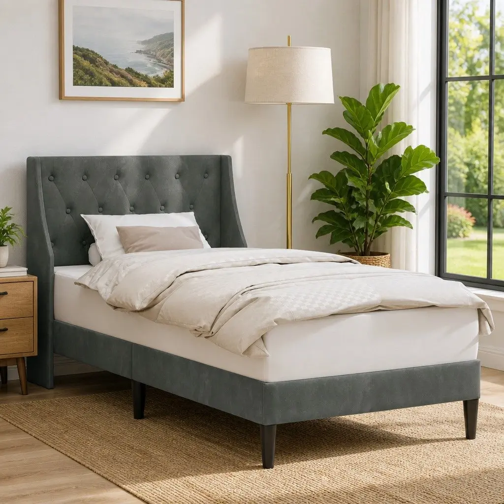 Dark Grey Velvet Bed Frame with Slatted Base