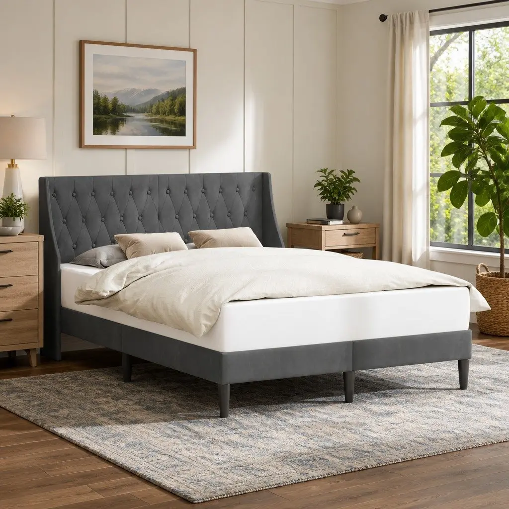 Dark Grey Velvet Headboard Bed Frame 153 x 203 cm