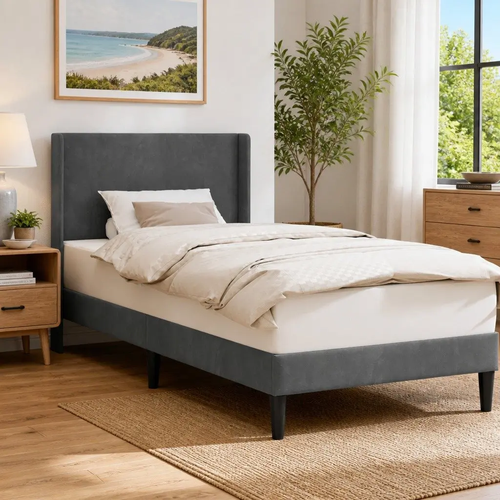 Bed Frame with Sturdy Dark Grey Velvet Headboard