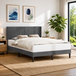 Durable Dark Grey Bed Frame with Velvet Headboard 137 x 190 cm