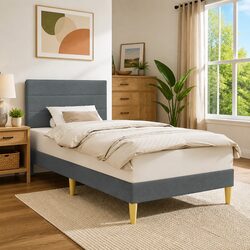 Modern Grey Fabric Bed Frame with Headboard 90 x 190 cm