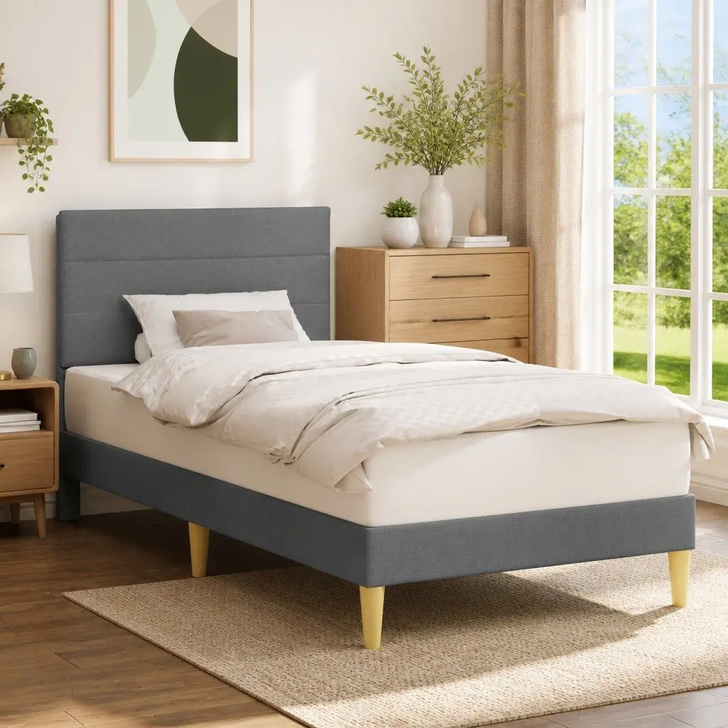 Bed Frame Plywood Fabric Upholstered Headboard Dark Grey 107 x 203 cm