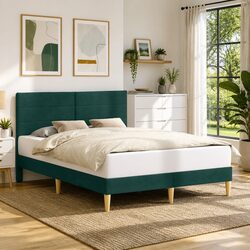 Bed Frame with Dark Grey Fabric Headboard Modern Design 137 x 190 cm Platform