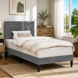 Dark Grey Velvet Bed Frame with Headboard 90 x 190 cm