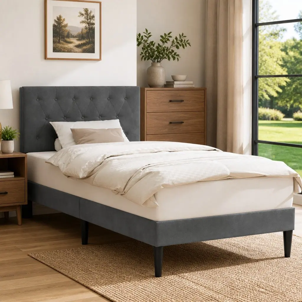 Dark Grey Velvet Bed Frame with Headboard