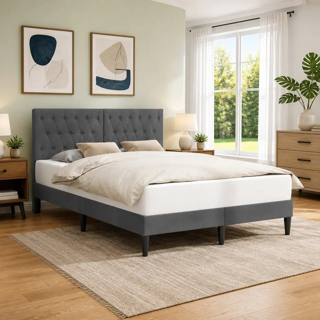 Velvet Bed Frame with Dark Grey Headboard