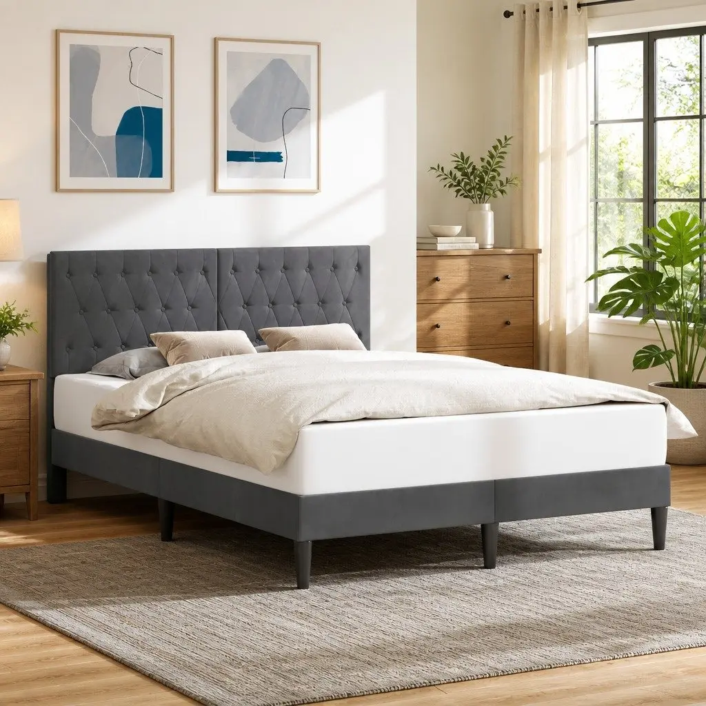 Dark Grey Velvet Headboard Bed Frame with Slatted Support
