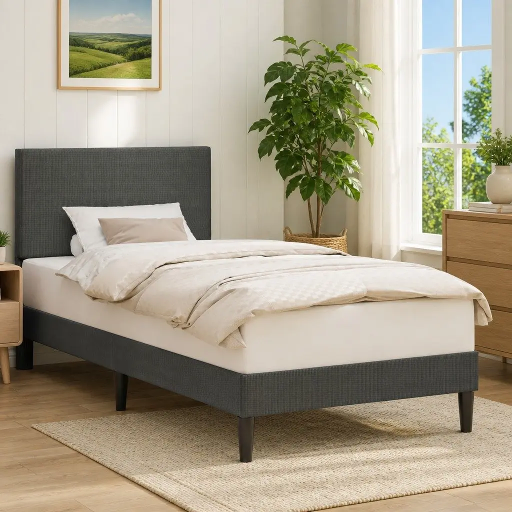 Dark Grey Bed Frame with Corduroy Headboard