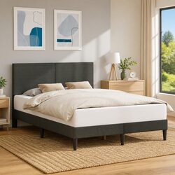 Modern Dark Grey Bed Frame with Corduroy Headboard 137 x 190 cm