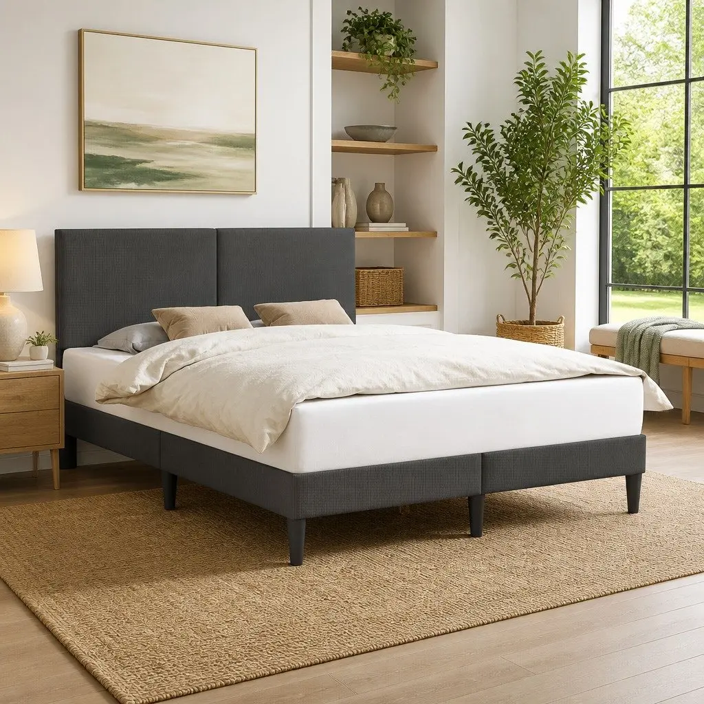 Dark Grey Corduroy Bed Frame with Headboard