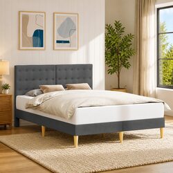 Durable Dark Grey Fabric Headboard Bed Frame 137 x 190 cm