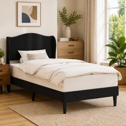 Modern Black Bed Frame with Faux Leather Headboard