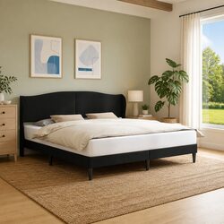 Modern Black Bed Frame with Durable Faux Leather Headboard