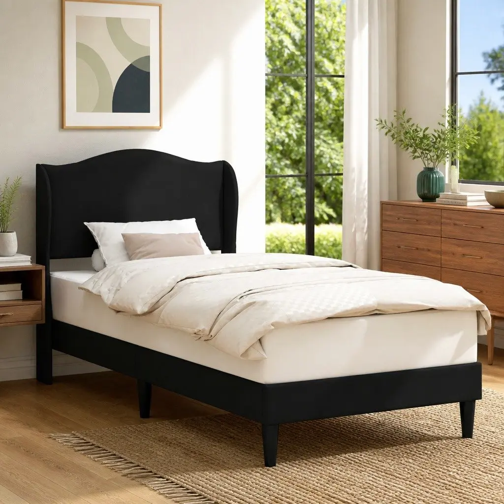 Bed Frame Faux Leather 107 x 203 cm Black Modern