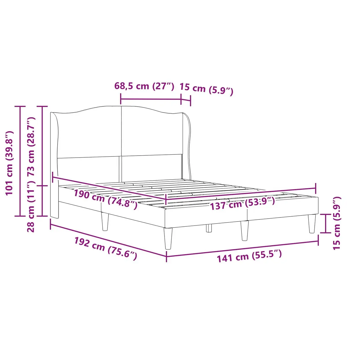 Black Bed Frame with Headboard 137 x 190 cm