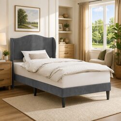 Sturdy Dark Grey Bed Frame with Luxurious Velvet Headboard