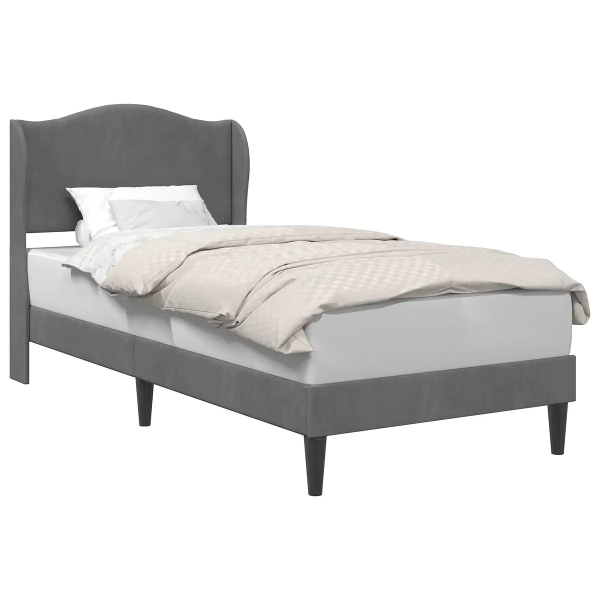 Dark Grey Bed Frame with Velvet Headboard Modern Bedroom Furniture 107 x 203 cm