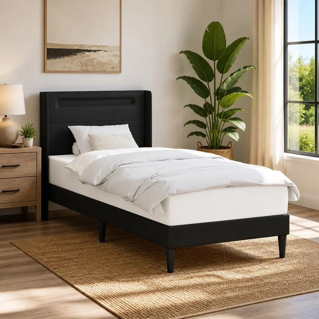 Black Bed Frame with Multicolour LED Strip 90 x 190 cm