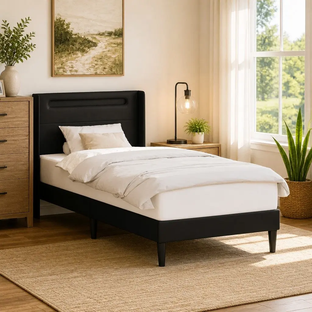 Black Faux Leather Bed Frame with LED Lights