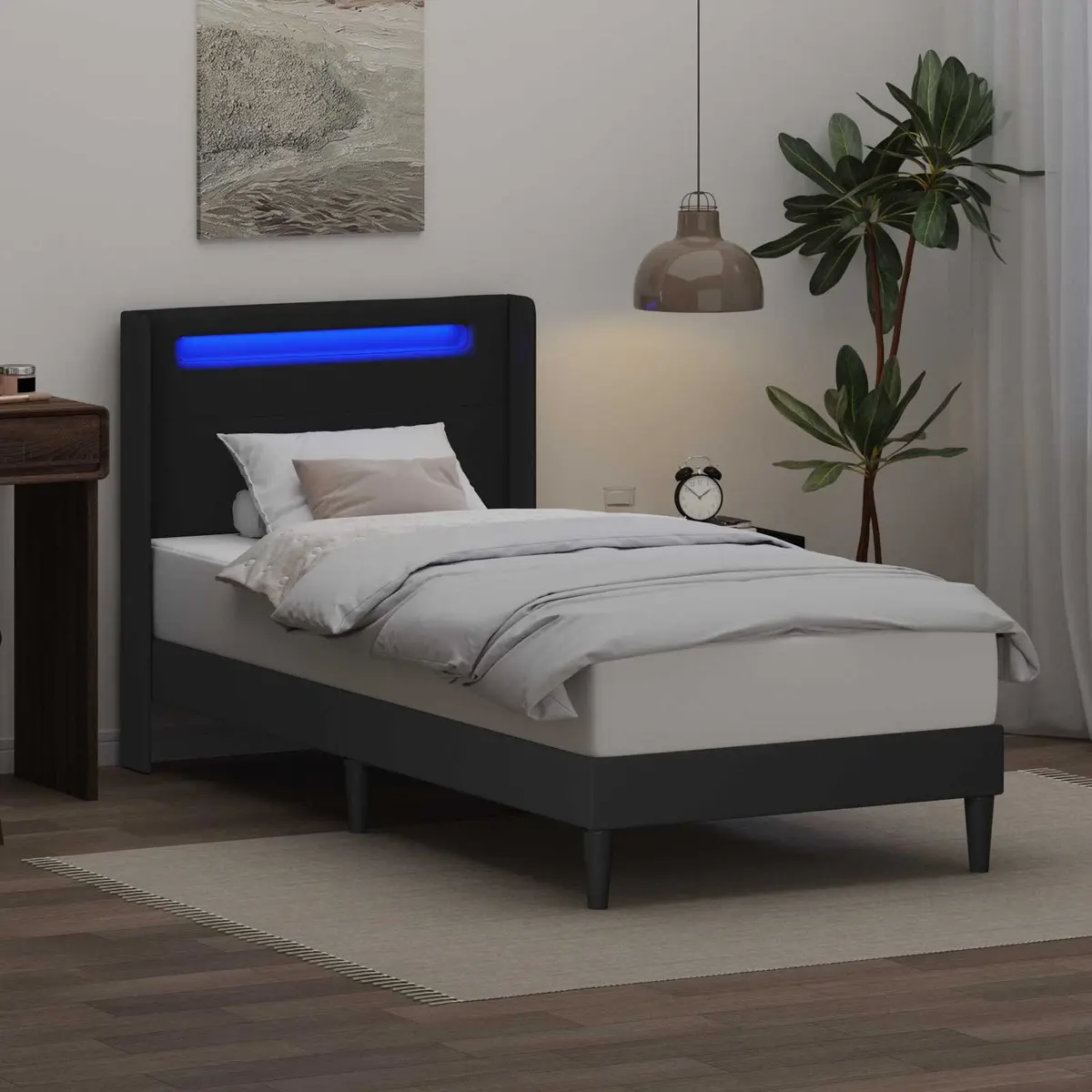 Black Faux Leather Bed Frame with LED Lights