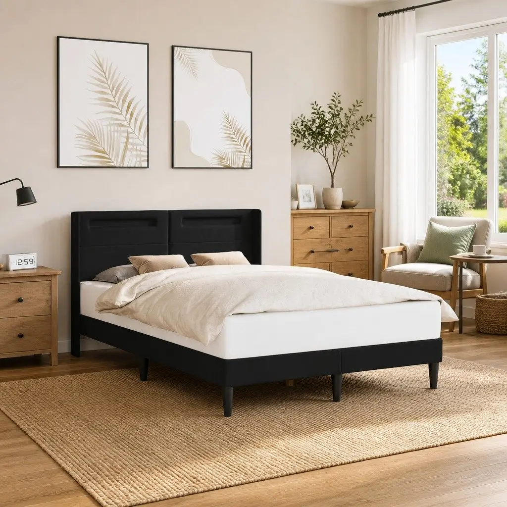 Black Bed Frame with LED Strip Lights 137 x 190 cm