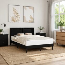 Stylish Black Bed Frame with LED Strip Lights, Faux Leather 153 x 203 cm