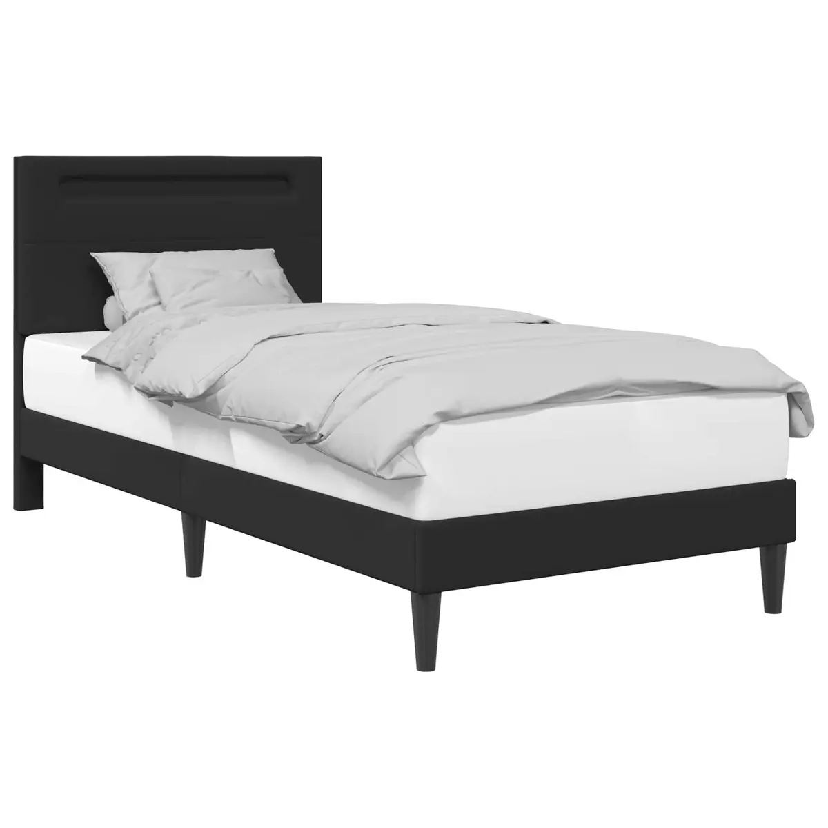 Bed Frame Plywood 90 x 190 cm Black Faux Leather Headboard with LED Strip Lights