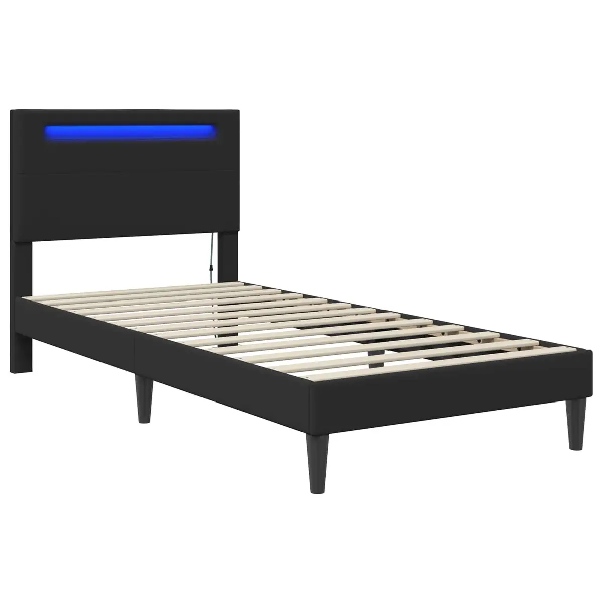 Bed Frame Plywood 90 x 190 cm Black Faux Leather Headboard with LED Strip Lights