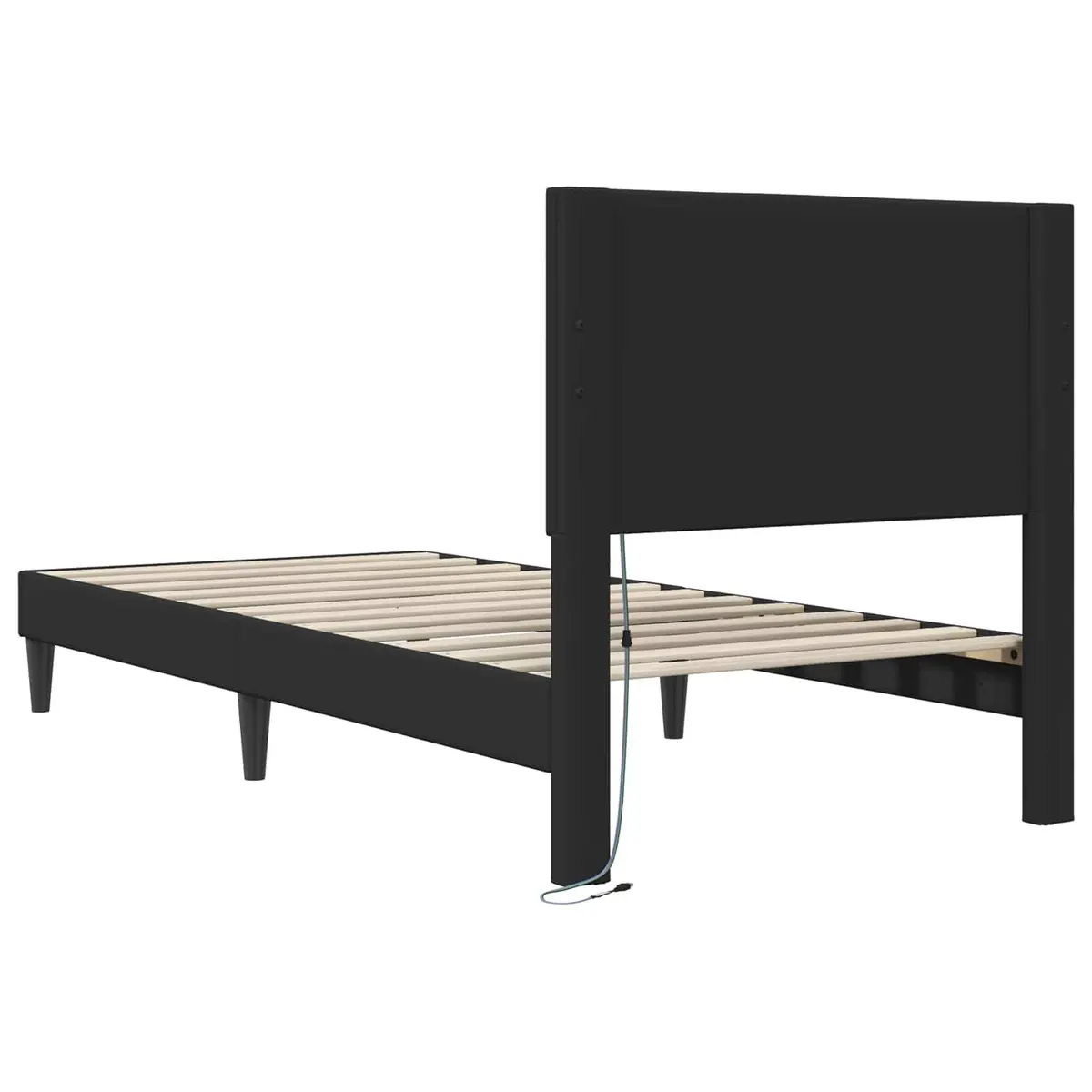 Bed Frame Plywood 90 x 190 cm Black Faux Leather Headboard with LED Strip Lights