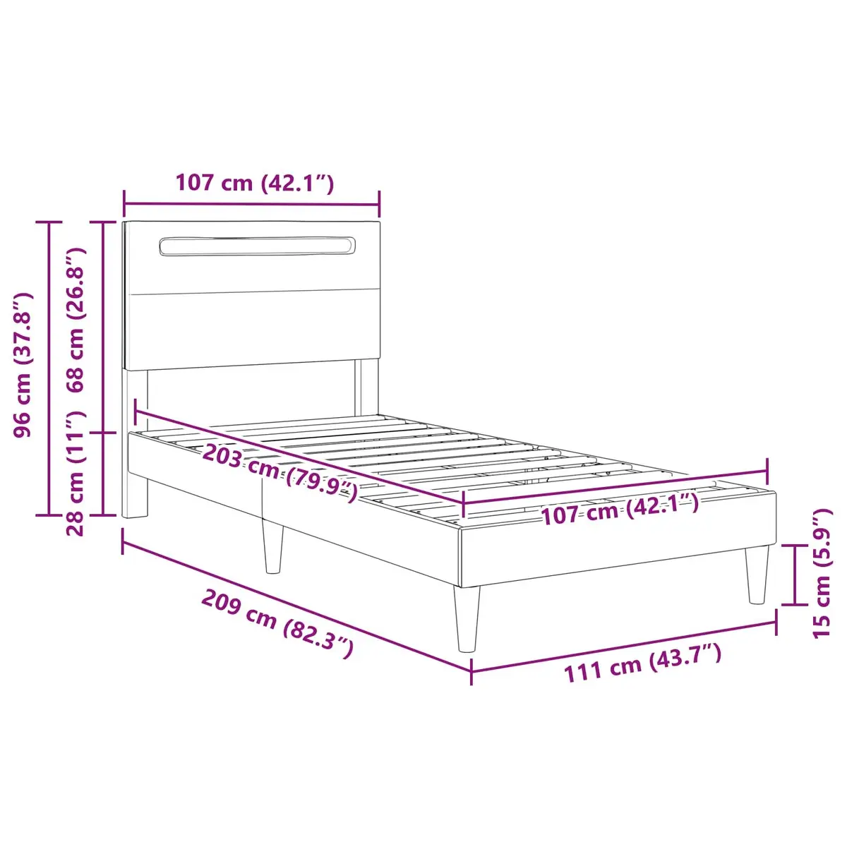 Black Bed Frame with LED Strip Lights 107 x 203