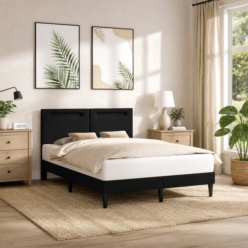 Black Bed Frame with LED Strip Lights, USB Powered
