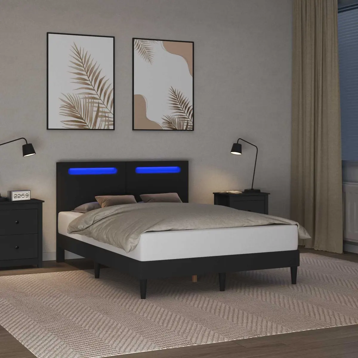Black Bed Frame with LED Strip Lights, USB Powered